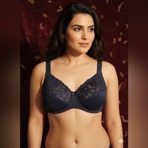 Women's Navy Blue Full-Coverage Underwire Bra with Floral Lace Detail
